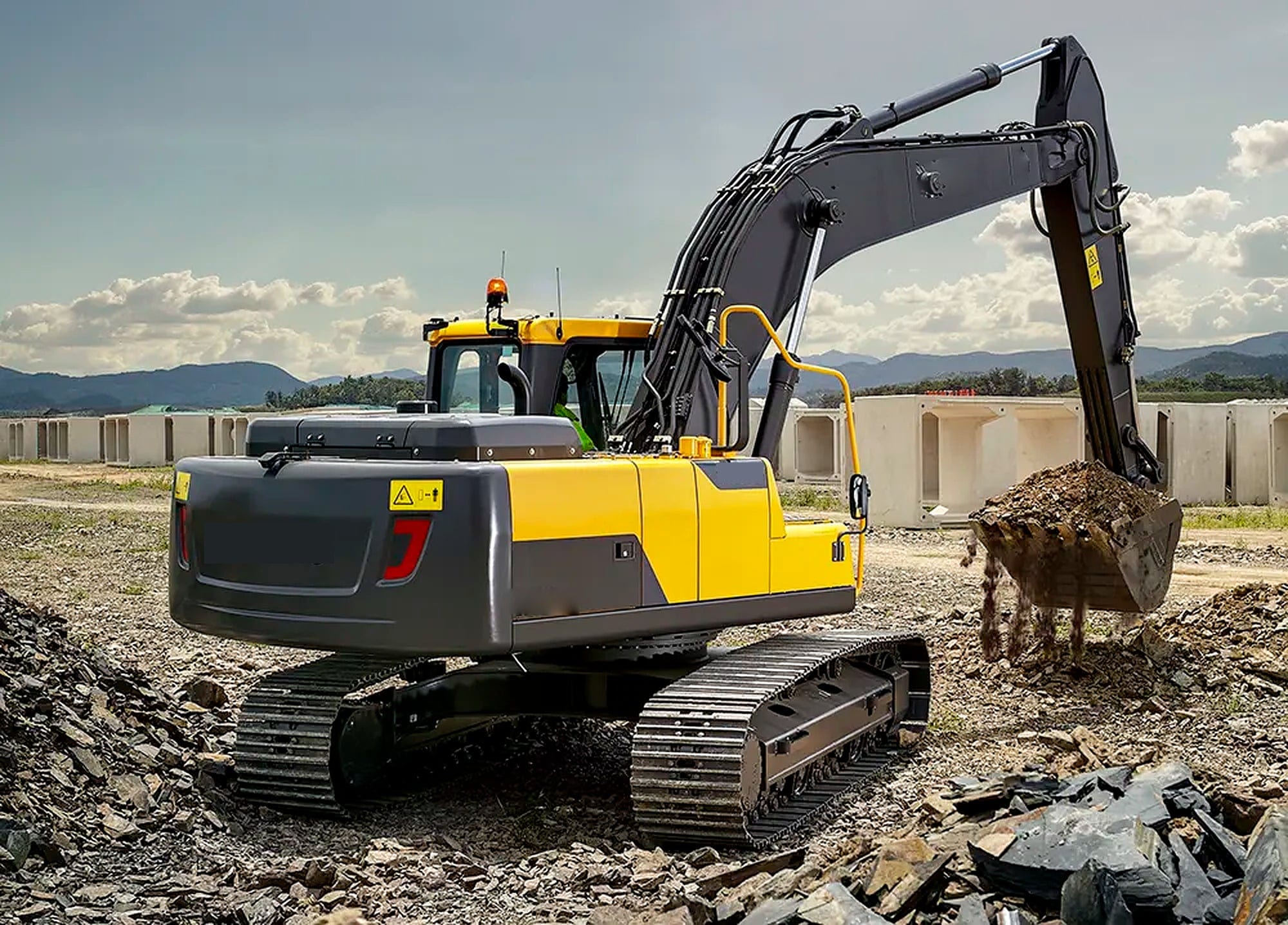 Volvo excavator with a Volvo Penta diagnostic tool, showcasing powerful machinery and advanced diagnostics for optimal performance