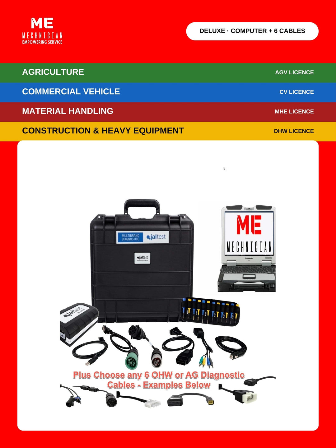 Jaltest Deluxe diagnostic kit covering four industries — Agriculture (AGV), Commercial Vehicle (CV), Material Handling (MHE) and Construction & Heavy Equipment (OHW). Includes rugged Panasonic computer, transport hardcase, Jaltest Link interface, multipin kit and six diagnostic cables of your choice.