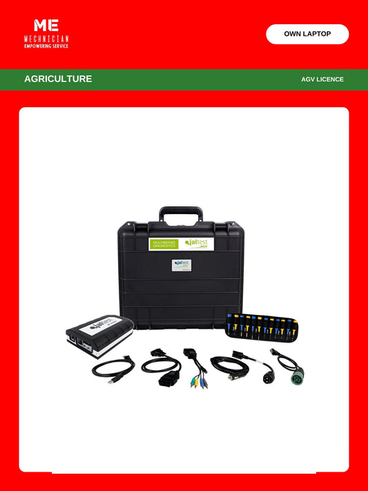 Jaltest Agricultural Equipment diagnostic kit — transport hardcase, Jaltest Link interface, USB cable, multipin kit, agricultural auxiliary supply cable, OBD and Deutsch 9-pin diagnostic cables. Covers agriculture (AGV licence), runs on your own laptop.